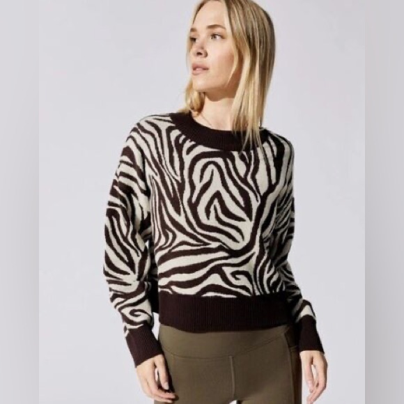 Carbon38 zebra jacquard brown cream crew neck sweater Size Large NWT - Picture 1 of 7